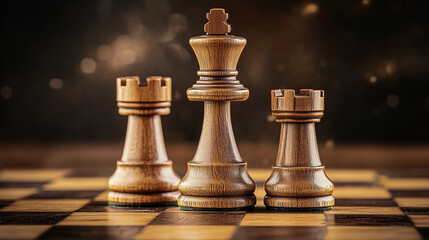 Fototapeta premium Wooden chess pieces stand ready on a classic board, embodying strategy and anticipation in the dim light of the room
