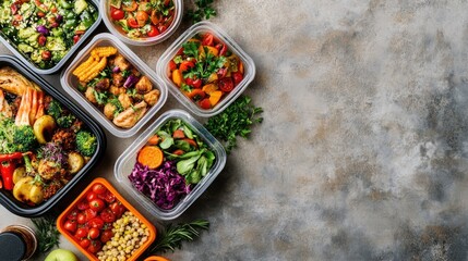 Set of five plastic containers holding various meals on table, showing range of healthy food choices.