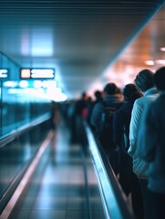 A bustling scene at an airport with passengers lined up for boarding. Tired travelers, a long line, and the anticipation of their journey ahead.