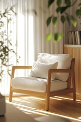 Naklejka premium White chair with a pillow on it is sitting in front of a window. The sunlight is shining on the chair, making it look warm and inviting. The room has a cozy and comfortable atmosphere