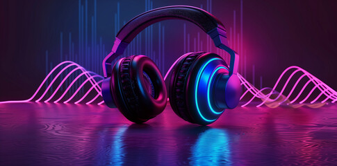 A pair of headphones sits on a reflective surface illuminated by pink and blue neon lights