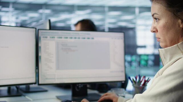 Smiling IT engineer in data center using PC to find misconfigurations affecting rackmounts. Cheerful woman checking servers bottlenecks leading to sluggish data transfer rates, camera B close up