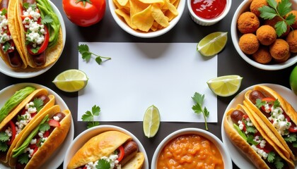 Free copy space in the middle, surrounded with street food tacos, hotdogs, and falafel