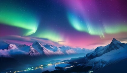 Naklejka premium Aurora borealis on the Lofoten islands, Norway. Green northern lights above mountains. Night winter landscape with aurora. Natural background in the Norway