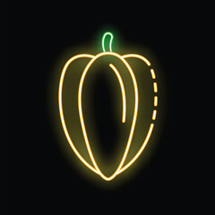 Bright neon sign depicting a cocoa pod hanging from a tree branch, illuminated against a dark background