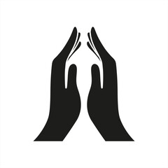 Black silhouettes of two raised hands with palms facing each other, isolated on white background, vector icon.