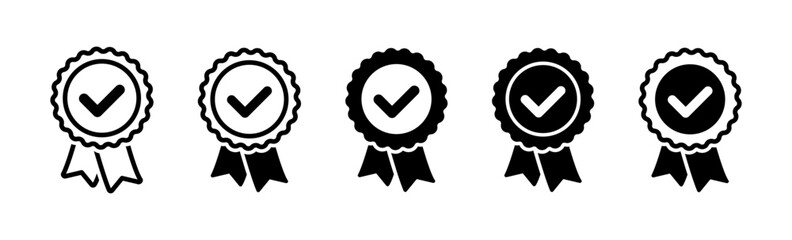 Approved or certified medal icon. Certified badge. Approval check symbol collection, vector icons.