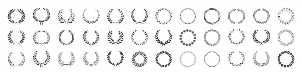 Laurel wreath set of black circular foliate laurels branches. Set of wreaths and branches with leaves. Vintage laurel wreaths collection. Set black silhouette circular laurel foliate, vector icons.