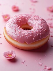 Sweet pink frosted doughnut with white sprinkles on a pastel pink background.
