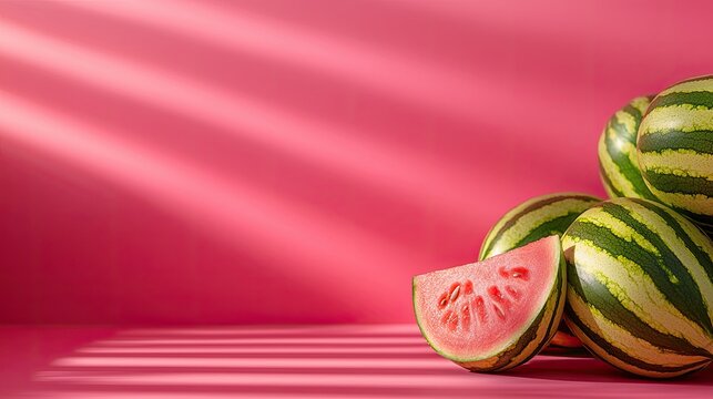 Fresh watermelons stacked on a pink background with sunlight shadows.