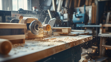 Woodworking Shop With Machine And Sawdust