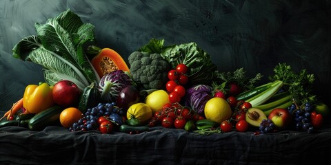 Variety of fresh fruits and vegetables at a market.
