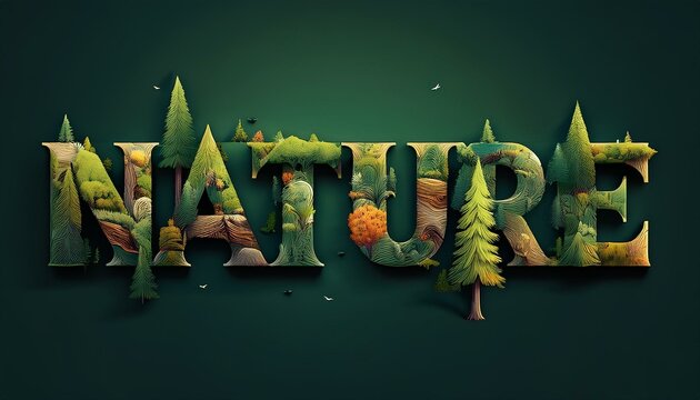 Nature word made from outdoor wilderness treetop lettering