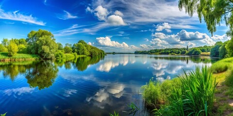 Serene Landscape View of Calm Lake and Blue Sky