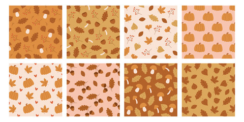 Backgrounds templates with autumn leaves, forest mushrooms, pumpkin vegetable seamless pattern