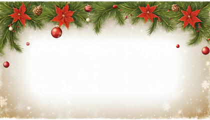 Christmas card background with festive poinsettias, pine branches, and blank space for message
