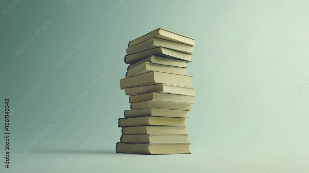 Poster a stack of books standing tall on a light green background