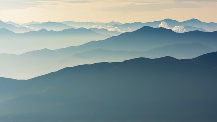 Obraz premium Generative AI, Minimalist Aerial View of Serene Mountain Ranges with Soft Cloud Layers