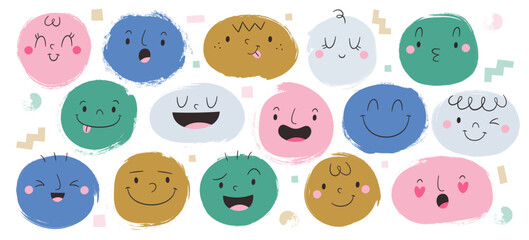 Happy smiley faces, funny colored hand drawn emoji, happy doodle grimacing emoticons flat set