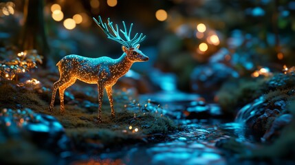 Fototapeta premium A glowing reindeer stands beside a flowing stream in a tranquil forest setting. The reindeer illuminated by lights contrasts with a serene stream in the woods.
