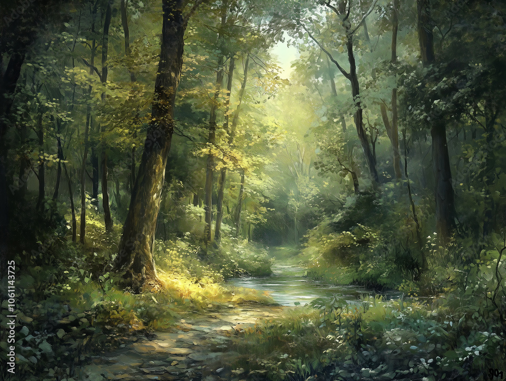 Poster Sunlight streams through the dense canopy of a lush forest, illuminating a tranquil creek winding through the trees