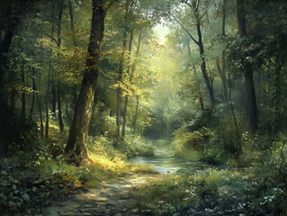 Fototapeta premium Sunlight streams through the dense canopy of a lush forest, illuminating a tranquil creek winding through the trees