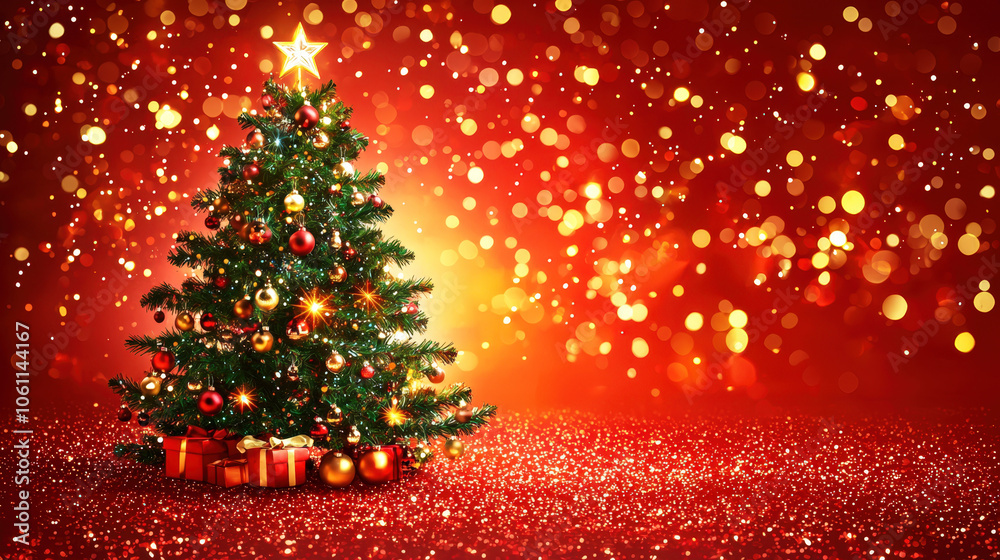Poster A vibrant Christmas tree filled with colorful decorations and presents, illuminated against a sparkling red background, creating a festive atmosphere