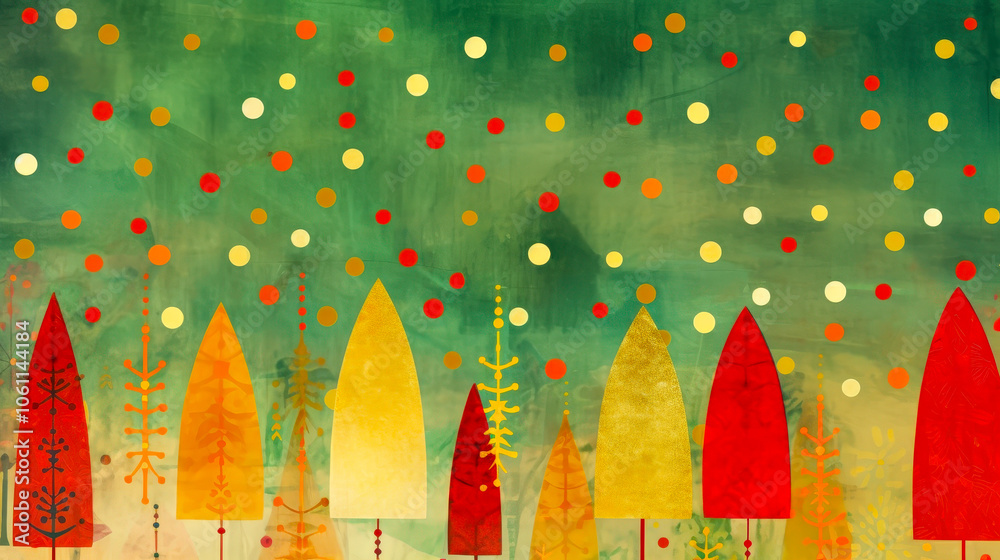 Poster An array of stylized trees in various colors stands amidst vibrant dots and circles, creating a lively, festive atmosphere