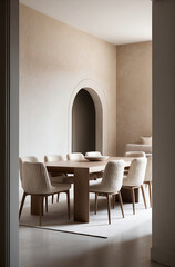 Fototapeta premium Boucle chairs at dining table in room with stucco walls and arch doorway. Minimalist interior design of modern living room