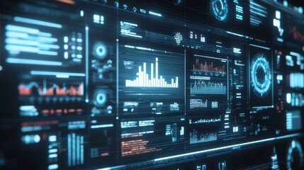 Obraz premium Futuristic Data Analytics Dashboard with Glowing Graphs and Charts