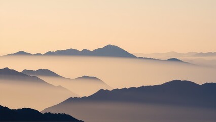 Fototapeta premium Generative AI, Minimalist Aerial View of Serene Mountain Ranges with Soft Cloud Layers