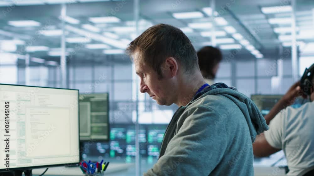 Poster portrait of smiling engineer inspecting server rows in data center. happy man supervising supercompu