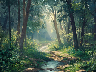 Obraz premium A path winds through a lush forest, sunlight filtering through the trees and illuminating a small stream