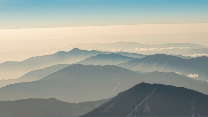 Obraz premium Generative AI, Minimalist Aerial View of Serene Mountain Ranges with Soft Cloud Layers