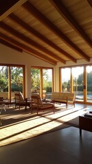 Obraz premium Inviting Indoor-Outdoor Living Space with Wooden Beams and Natural Lighting