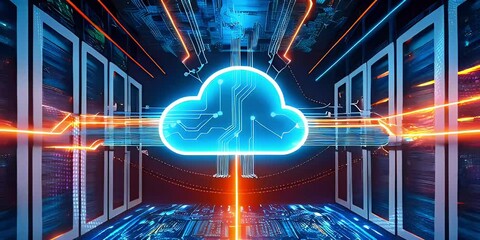 Futuristic data center with glowing cloud icon, representing cloud computing and storage. - Powered by Adobe