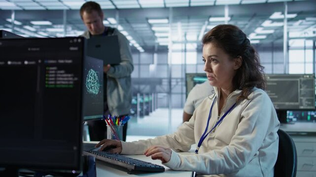 Portrait of upbeat woman working in high tech AI facility providing computing resources for different workloads. Joyous admin checking on artificial intelligence data center supercomputers, camera B