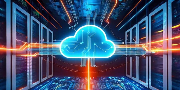 Futuristic data center with glowing cloud icon, representing cloud computing and storage.