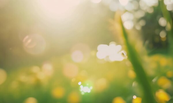 A fresh spring sunny garden background of green grass and blurred foliage bokeh