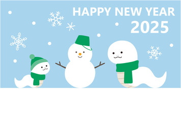 2025年巳年の年賀状テンプレート　蛇年　かわいい　雪だるま　親子　ベクター　