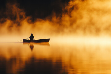 A lone fisherman sits in a boat on a calm lake at sunrise, the fog adding to the serene atmosphere