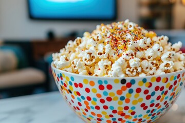 Colorful Bowl of Freshly Popped Popcorn Overflowing