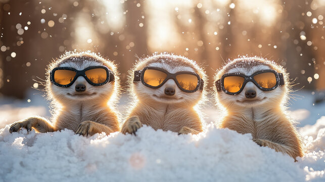 Meerkat in group realistic lifelike surikat in ski snowboard goggles on natural mountain background, winter holiday concept. Animal portrait with copy space