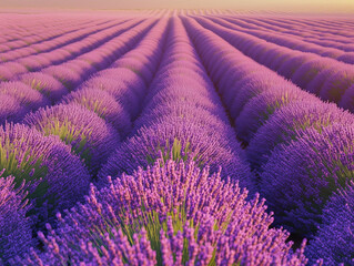 Naklejka premium A field of lavender blooms in rows, basking in the warm morning light