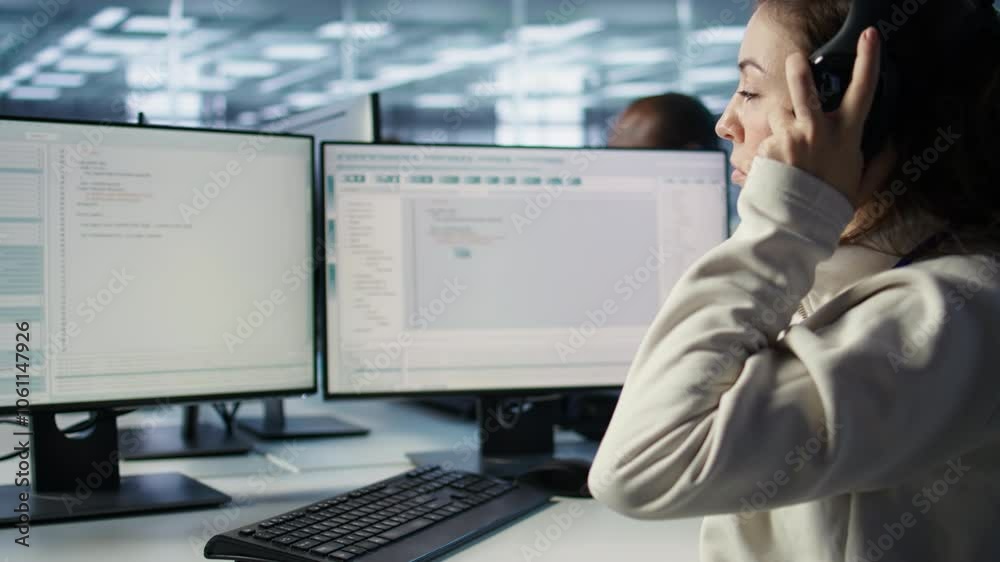 Poster engineer typing on computer in server hub, checking recovery plan, monitoring data center energy con