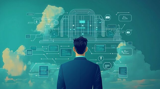 Data Engineer Cloud database with network links, data engineer scene, no face, flat design illustration