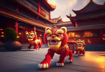 Three golden lion dancers perform in front of a traditional Chinese temple during a celebration.