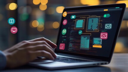 Data Engineer Hands coding on laptop with database icons, data engineering focus, no face, flat design illustration