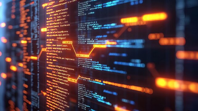 Data Engineer Glowing data flow chart with code in background, data engineering concept, 3D illustration