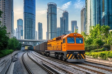 Obraz premium Modern Freight Train Passing Through Urban Landscape